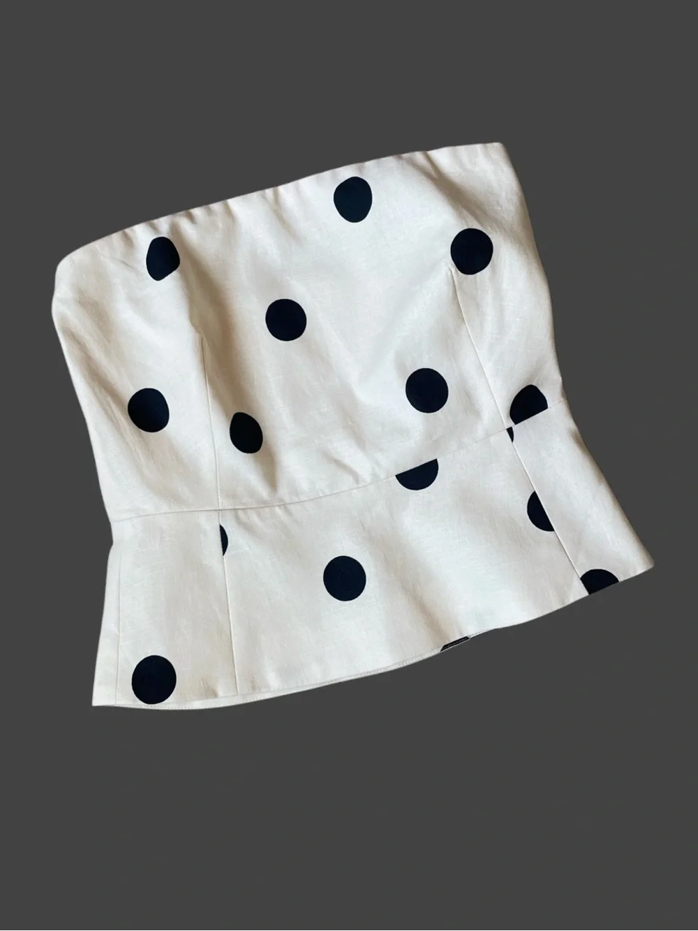 SEZANE EDITIONS Ecru Cream & Black Polka Dot Printed Linen Strapless Peplum Top - Picture 5 of 17